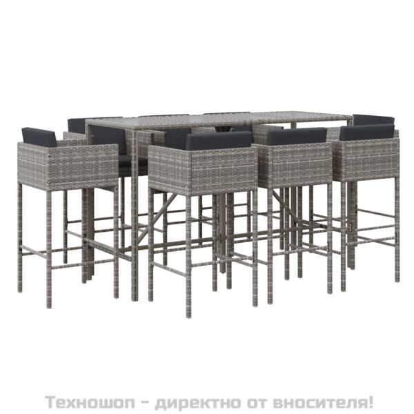 Градински бар комплект с възглавници 9 части сив полиратан