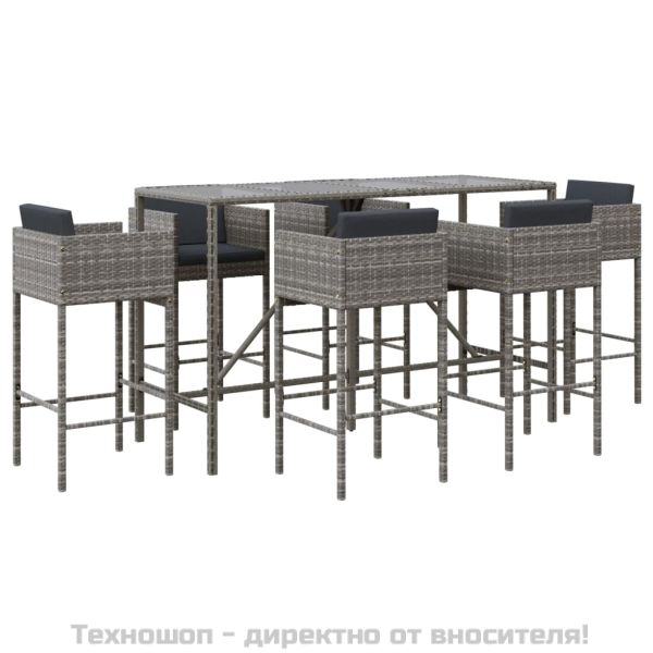 Градински бар комплект с възглавници 7 части сив полиратан