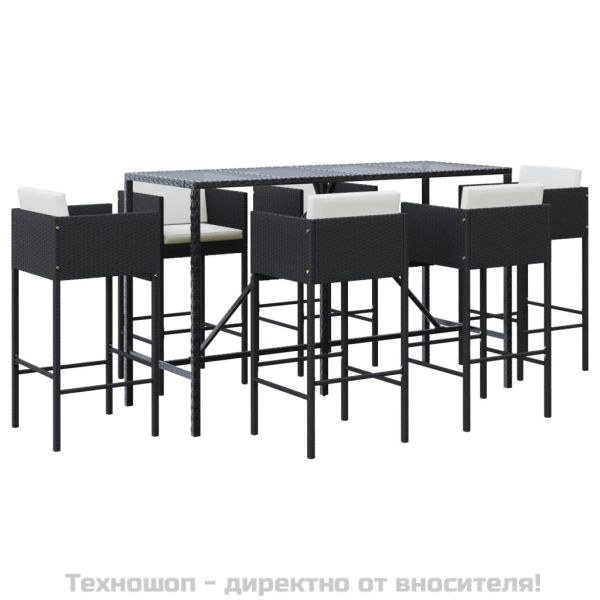 Градински бар комплект с възглавници 7 части черен полиратан