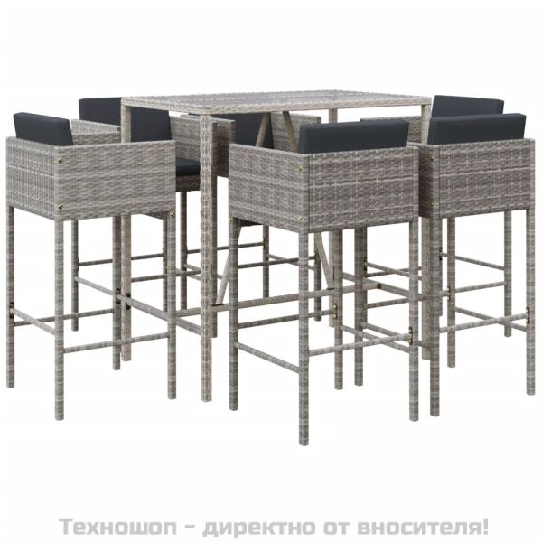 Градински бар комплект с възглавници 7 части сив полиратан