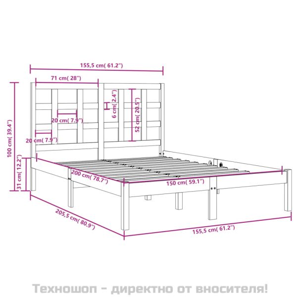 Рамка за легло, бяла, дърво масив, 150x200 cм, King Size