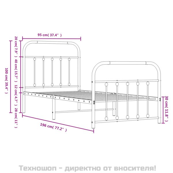 Метална рамка за легло с горна и долна табла, бяла, 90x190 см