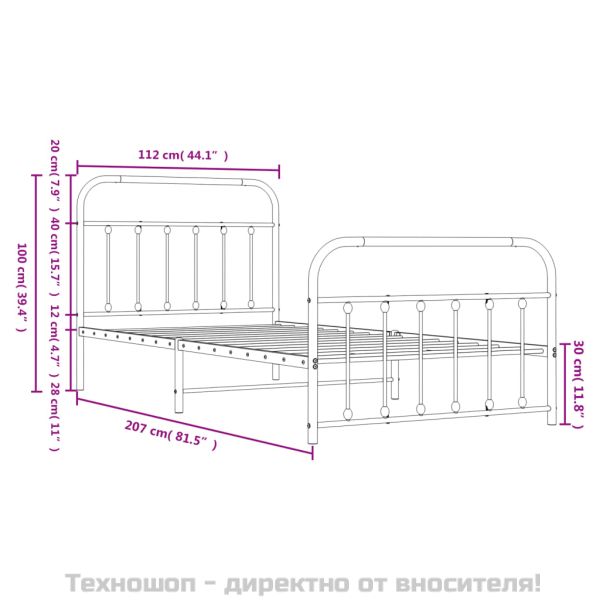 Метална рамка за легло с горна и долна табла, бяла, 107x203 см