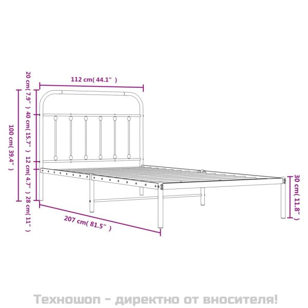 Метална рамка за легло с горна табла, бяла, 107x203 см