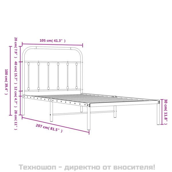 Метална рамка за легло с горна табла, черна, 100x200 см