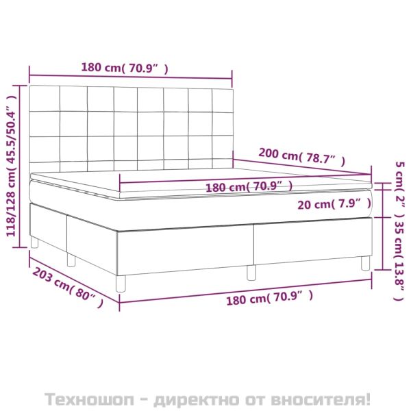 Боксспринг легло с матрак и LED, светлосиво, 180x200 см, плат