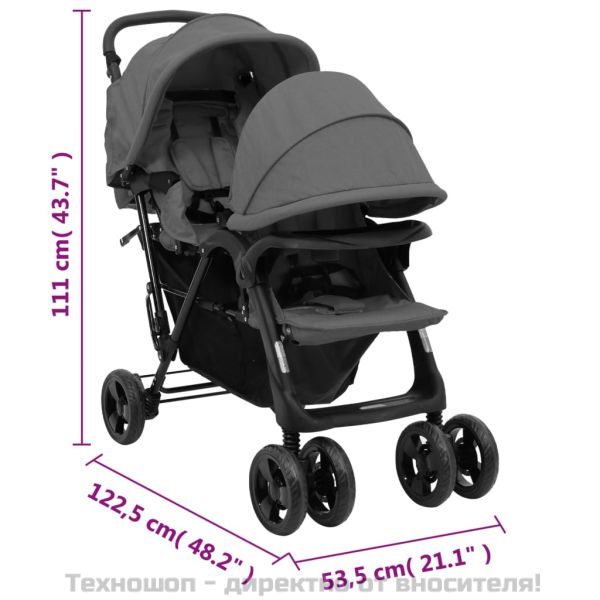 Тандемна количка за близнаци, тъмносива, стомана