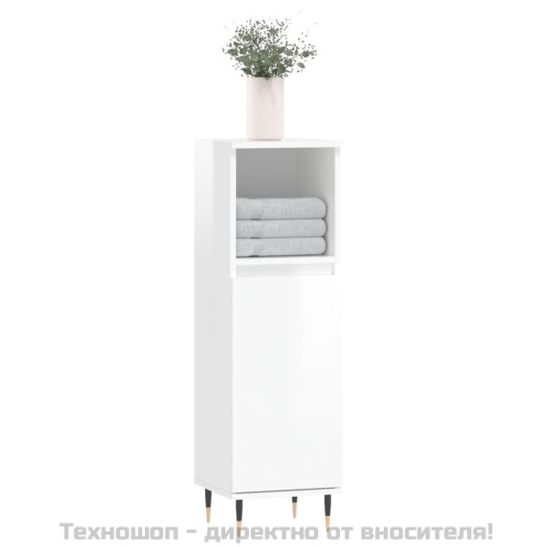 Шкаф за баня, бял гланц, 30x30x100 см, инженерно дърво