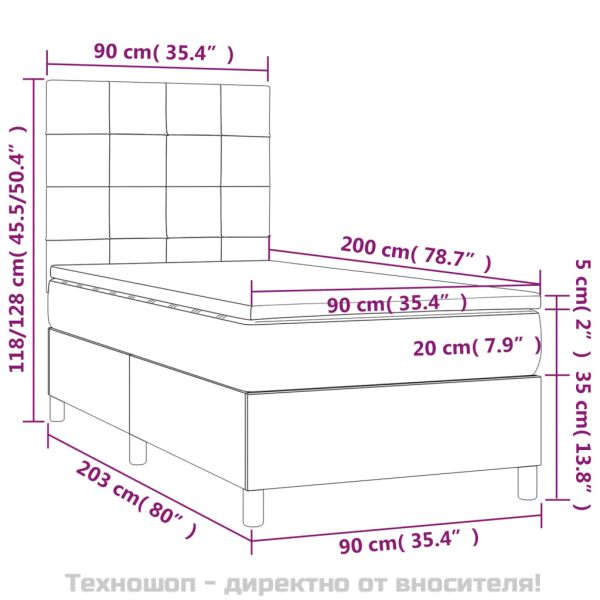 Боксспринг легло с матрак, тъмносиво, 90x200 см, плат