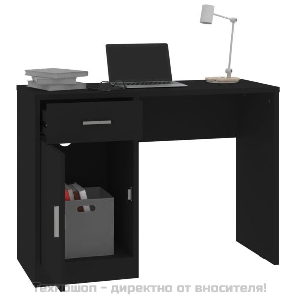 Бюро с чекмедже и шкаф, черен, 100x40x73 см, инженерно дърво