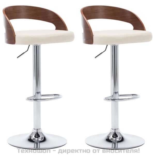 Бар табуретки, 2 бр, кремави, изкуствена кожа и извито дърво