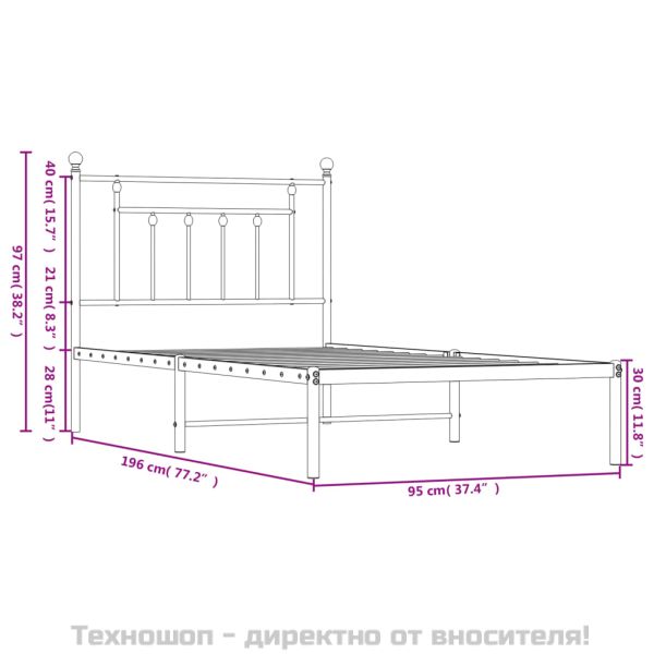 Метална рамка за легло с горна табла, бяла, 90x190 см