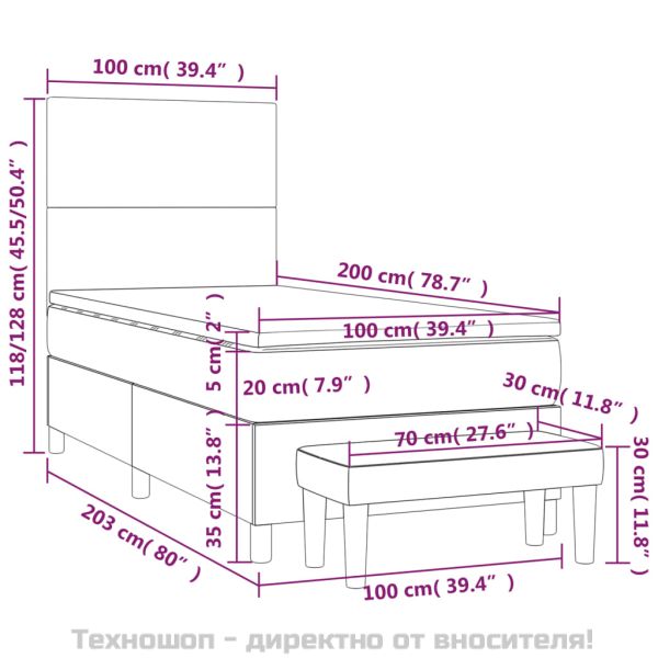 Боксспринг легло с матрак, светлосиво, 100x200 см, кадифе
