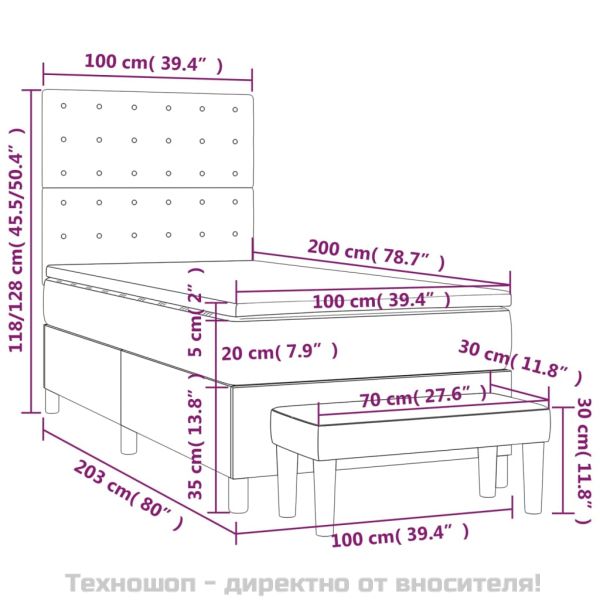 Боксспринг легло с матрак, светлосиво, 100x200 см, кадифе