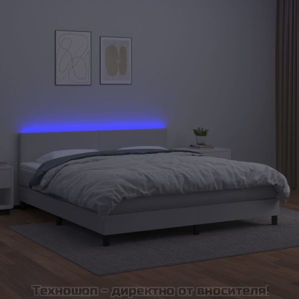 Боксспринг легло с матрак и LED бяло 160x200 см изкуствена кожа