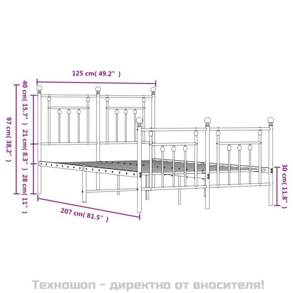 Метална рамка за легло с горна и долна табла, бяла, 120x200 см