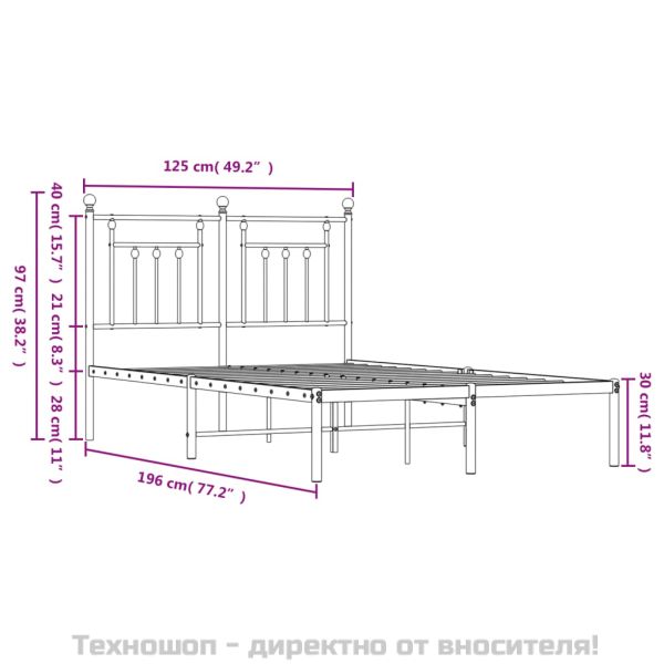 Метална рамка за легло с горна табла, бяла, 120x190 см