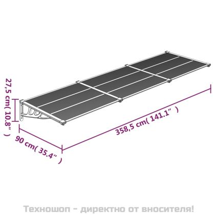Навес за врата, черен, 358,5x90 см, поликарбонат