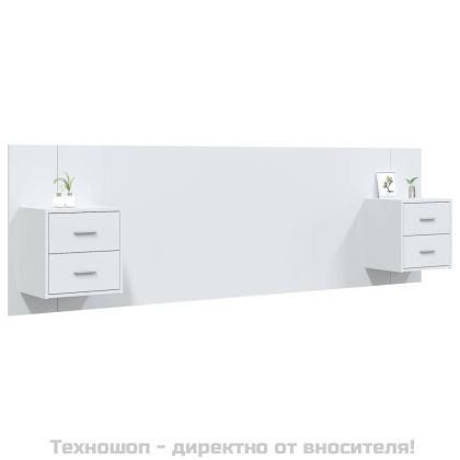 Горна табла за легло с шкафчета, бяла, инженерно дърво