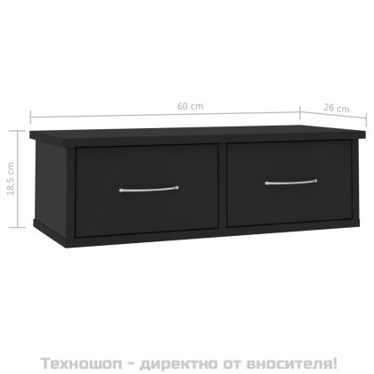 Стенен рафт с чекмеджета, черен, 60x26x18,5 см, инженерно дърво