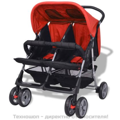 Бебешка количка за близнаци, стомана, червено и черно