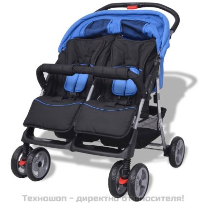 Бебешка количка за близнаци, стомана, синьо и черно