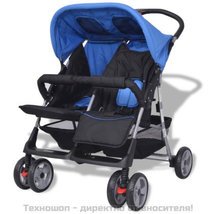 Бебешка количка за близнаци, стомана, синьо и черно