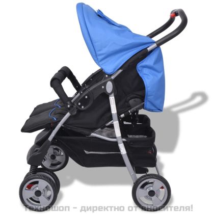 Бебешка количка за близнаци, стомана, синьо и черно