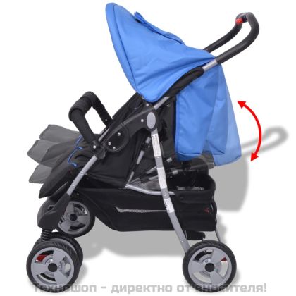 Бебешка количка за близнаци, стомана, синьо и черно