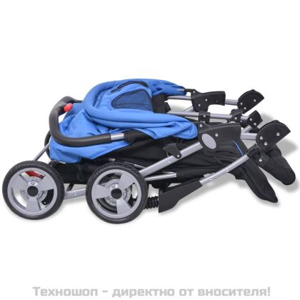 Бебешка количка за близнаци, стомана, синьо и черно