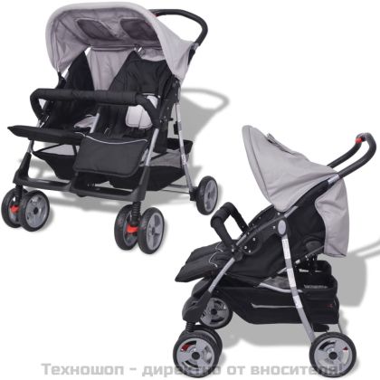 Бебешка количка за близнаци, стомана, сиво и черно