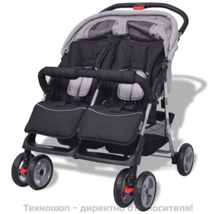 Бебешка количка за близнаци, стомана, сиво и черно