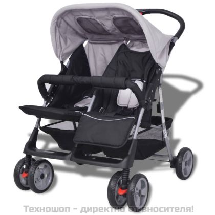 Бебешка количка за близнаци, стомана, сиво и черно