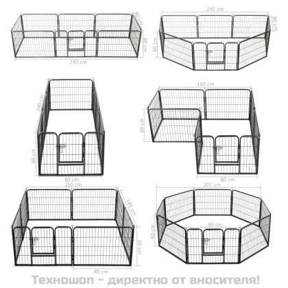 Заграждение за куче, 8 панела, стомана, 60x80 см, черно