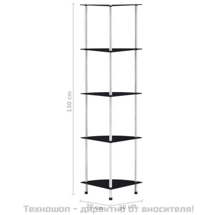 Етажерка с 5 рафта, черна, 30x30x130 см, закалено стъкло