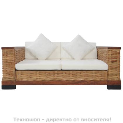 2-местен диван с възглавници, кафяв, естествен ратан