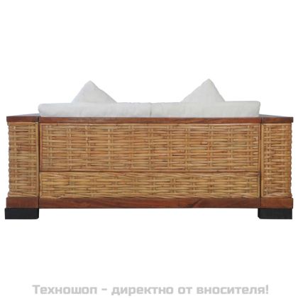 2-местен диван с възглавници, кафяв, естествен ратан