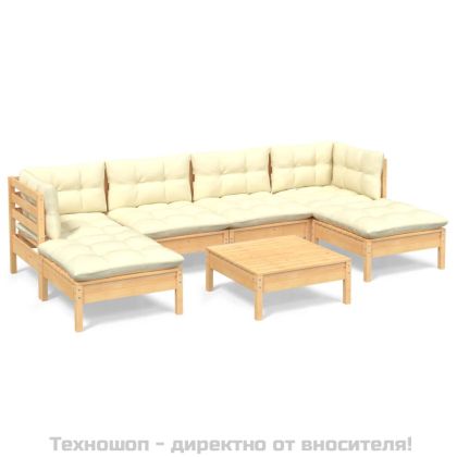 Градински лаундж комплект с кремави възглавници, 7 части, бор