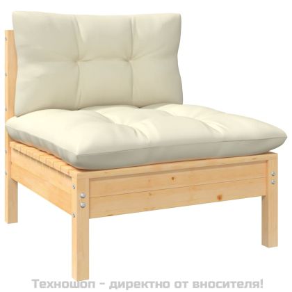 Градински лаундж комплект с кремави възглавници, 7 части, бор