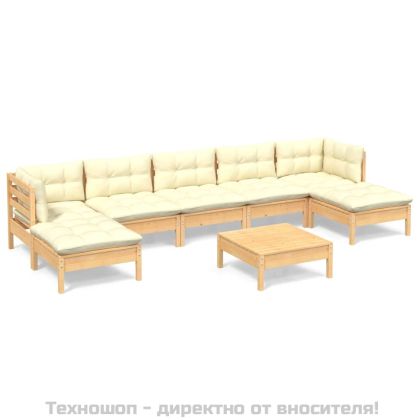 Градински лаундж комплект с кремави възглавници, 8 части, бор