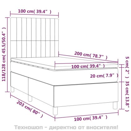 Боксспринг легло с матрак, светлосиво, 100x200 см, кадифе