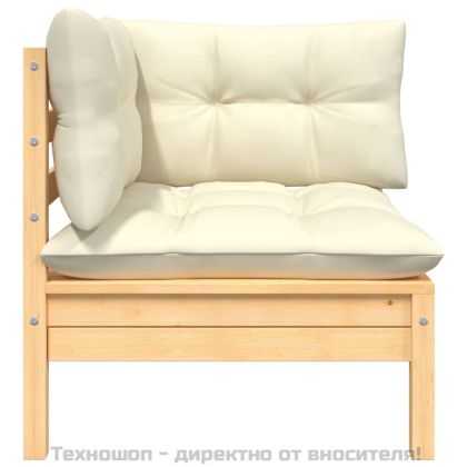 Градински ъглов диван с кремави възглавници, борово дърво масив