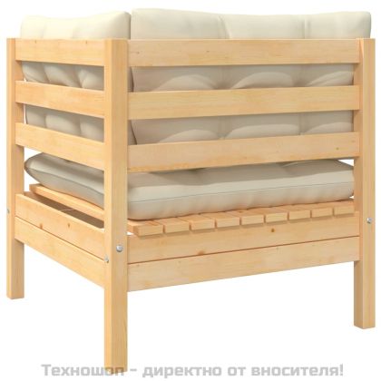 Градински ъглов диван с кремави възглавници, борово дърво масив