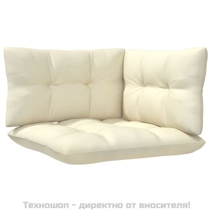 Градински ъглов диван с кремави възглавници, борово дърво масив