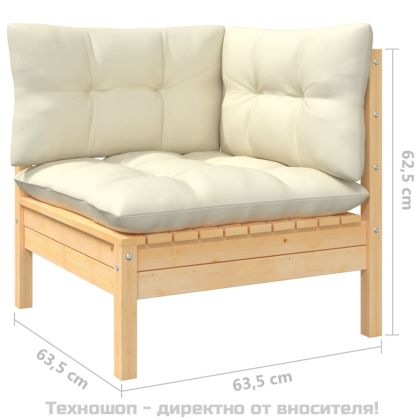 Градински ъглов диван с кремави възглавници, борово дърво масив