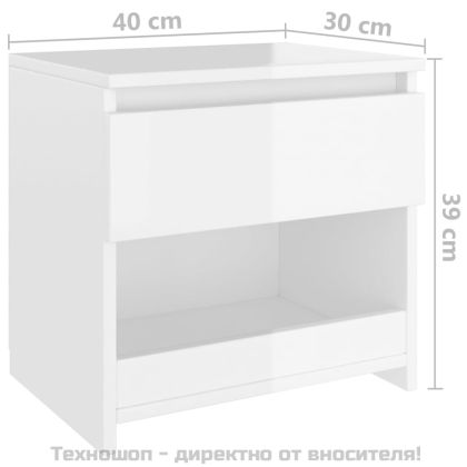 Нощни шкафчета, 2 бр, бял гланц, 40x30x39 см, инженерно дърво