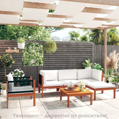 Градински комплект с възглавници, 6 части, кремаво дърво, акация и въже