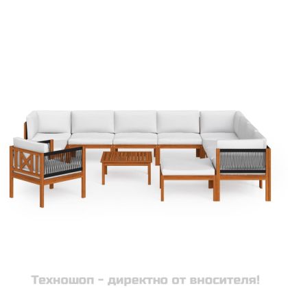 Градински комплект с възглавници, 12 части, кремаво дърво, акация и въже