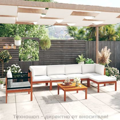 Градински комплект с възглавници, 7 части, кремаво дърво, акация и въже