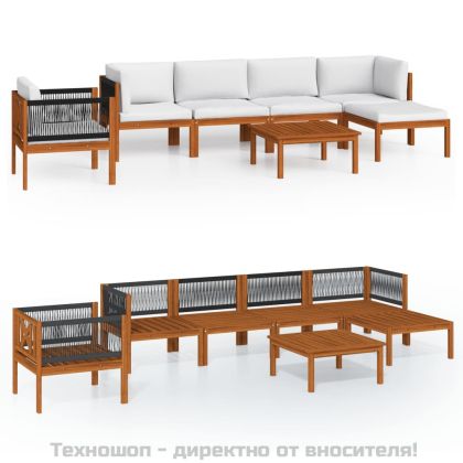 Градински комплект с възглавници, 7 части, кремаво дърво, акация и въже